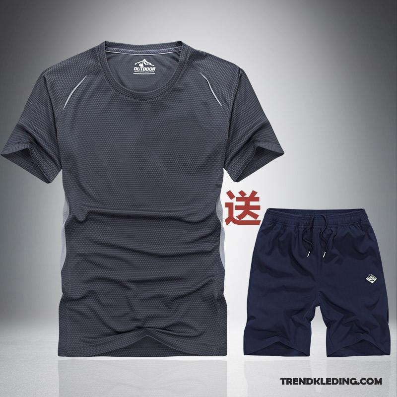 Sportkleding Heren Halve Mouw Trend Zomer Elastiek Casual Running Kleding Grijs