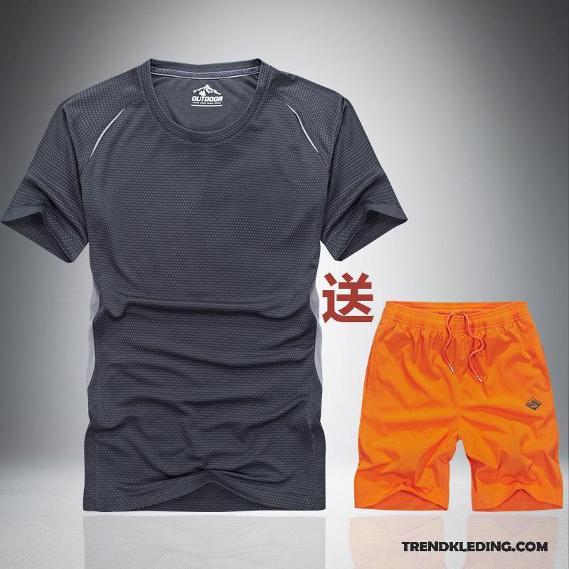 Sportkleding Heren Halve Mouw Trend Zomer Elastiek Casual Running Kleding Grijs