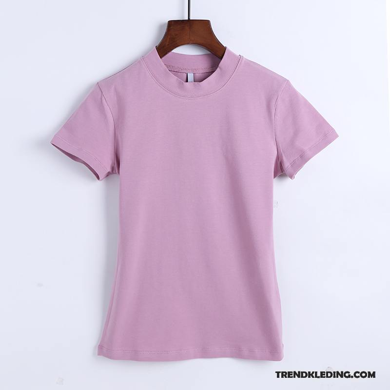 T-shirt Dames Jasje Nieuw Onderhemd Korte Mouw Skinny Slim Fit Roze Rood Effen Kleur Wit