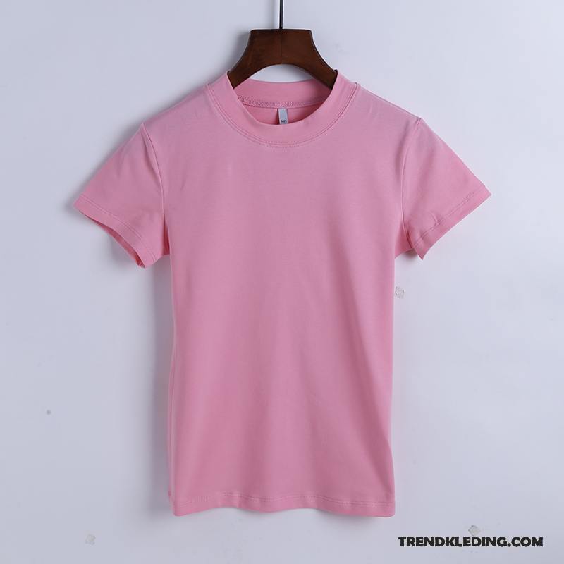 T-shirt Dames Jasje Nieuw Onderhemd Korte Mouw Skinny Slim Fit Roze Rood Effen Kleur Wit