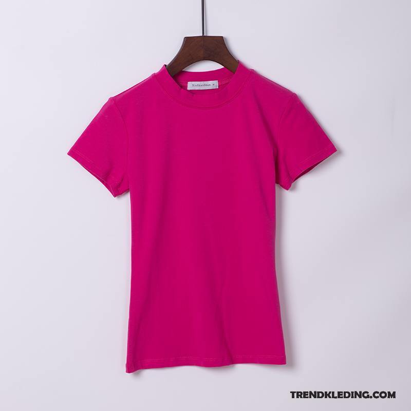 T-shirt Dames Jasje Nieuw Onderhemd Korte Mouw Skinny Slim Fit Roze Rood Effen Kleur Wit