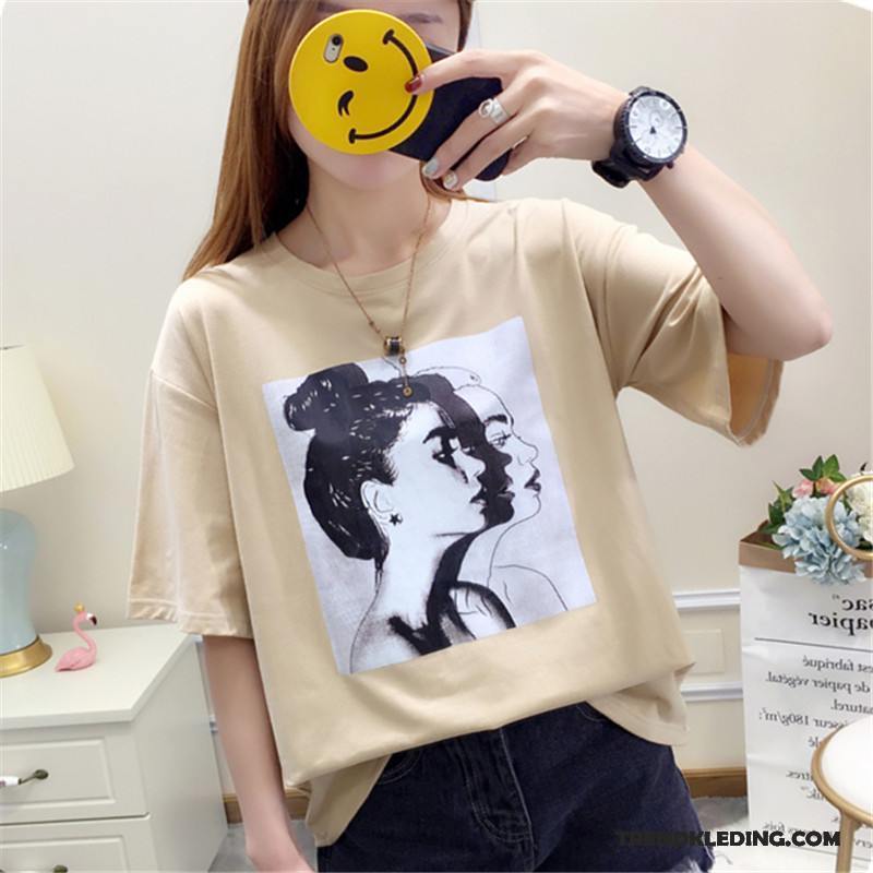 T-shirt Dames Jasje Ronde Hals Korte Mouw Losse Zomer 2018 Abrikoos Kleur