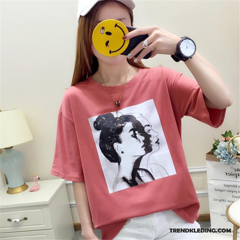 T-shirt Dames Jasje Ronde Hals Korte Mouw Losse Zomer 2018 Abrikoos Kleur