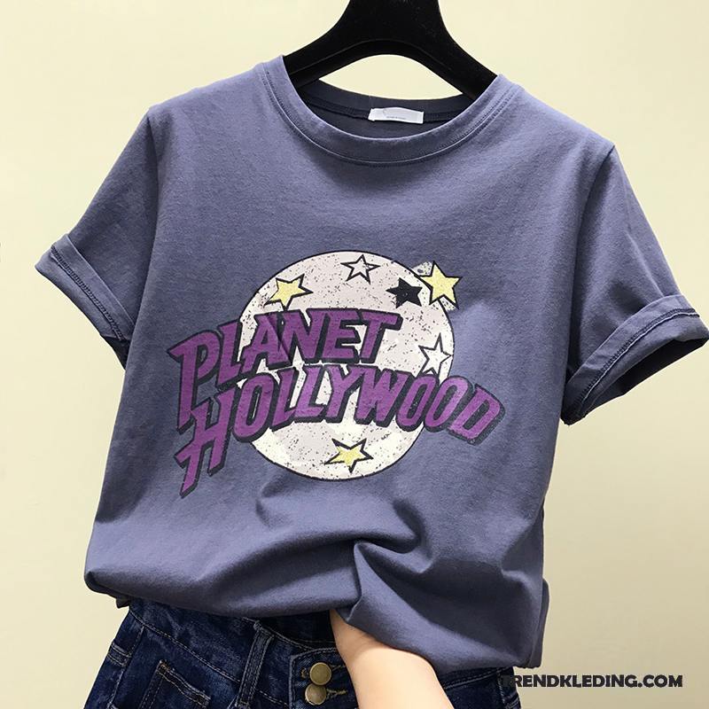 T-shirt Dames Korte Mouw Bedrukken Trend 2018 Halve Mouw Losse Blauw