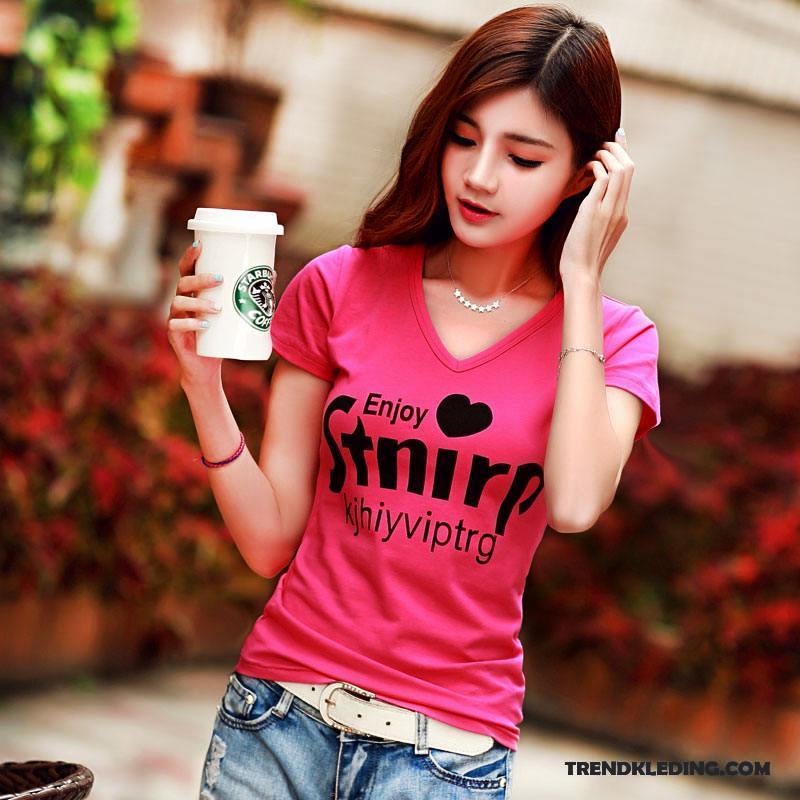 T-shirt Dames Korte Mouw Katoen Zomer Onderhemd Student T-shirts Roze Rood Wit