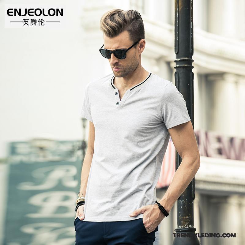 T-shirt Heren Jasje Trendy Merk Streep Eenvoudige Zomer Slim Fit Grijs