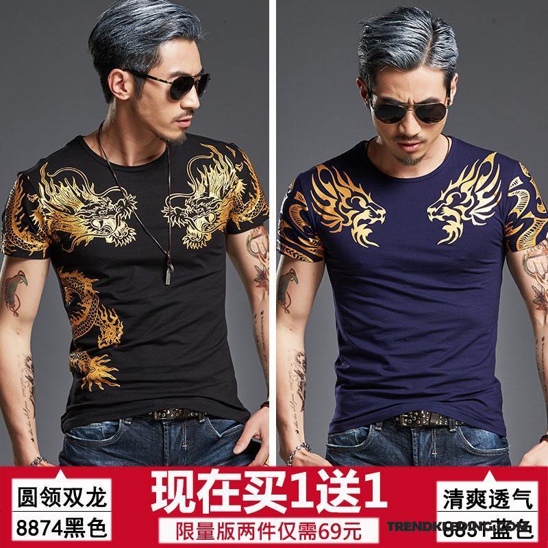 T-shirt Heren Katoen Korte Mouw Zomer Chinese Stijl Slim Fit Grote Maten Zwart