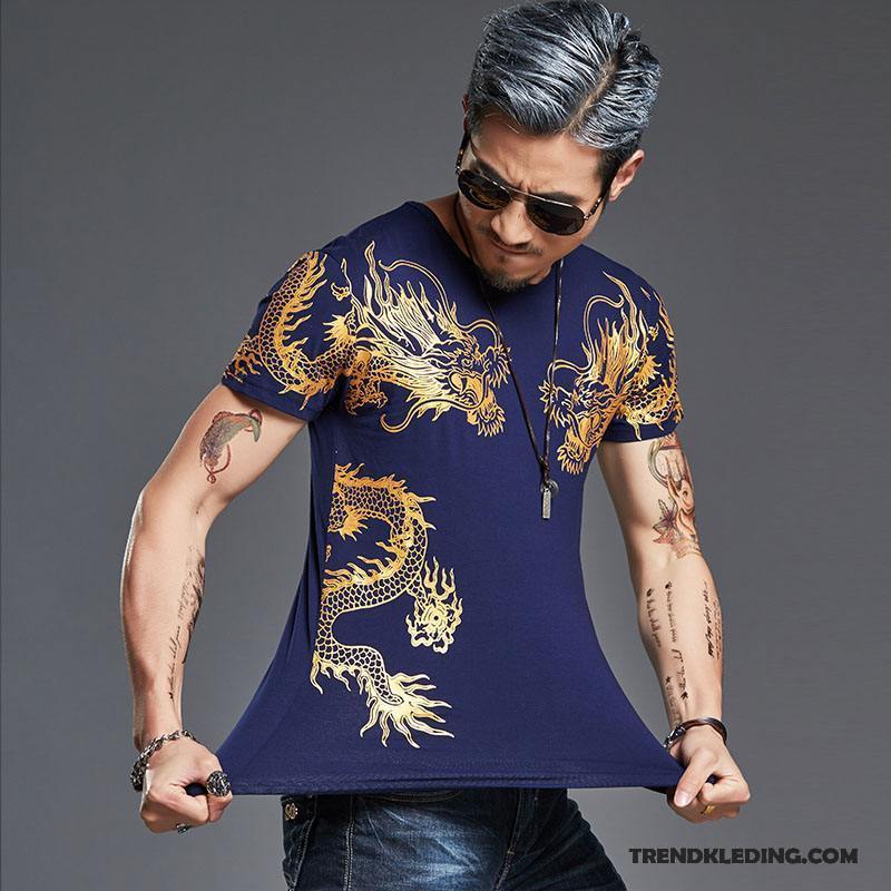 T-shirt Heren Katoen Korte Mouw Zomer Chinese Stijl Slim Fit Grote Maten Zwart