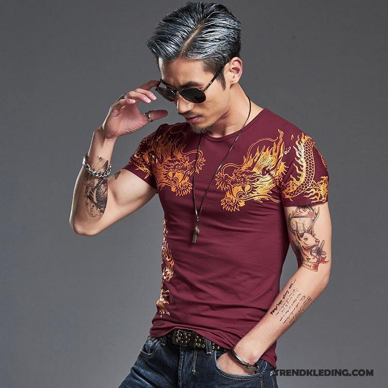 T-shirt Heren Katoen Korte Mouw Zomer Chinese Stijl Slim Fit Grote Maten Zwart