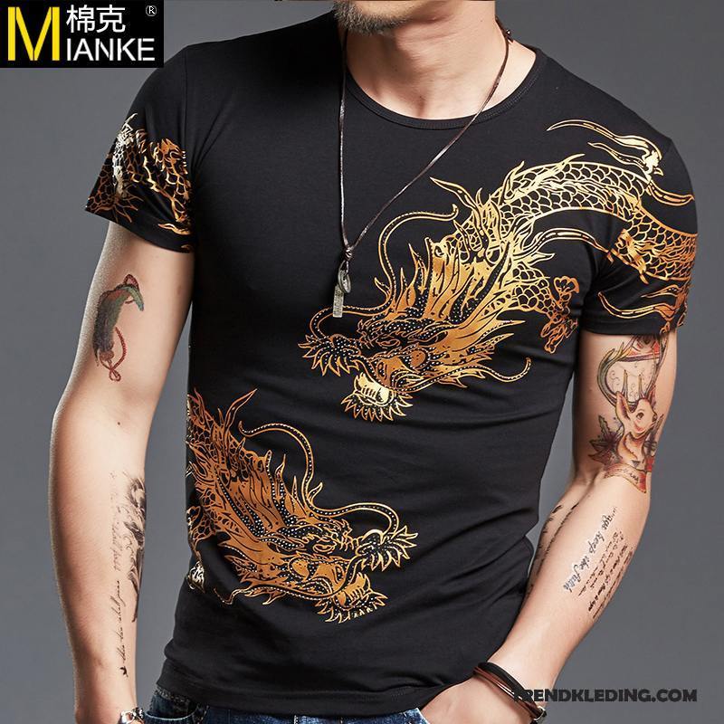 T-shirt Heren Katoen Korte Mouw Zomer Chinese Stijl Slim Fit Grote Maten Zwart