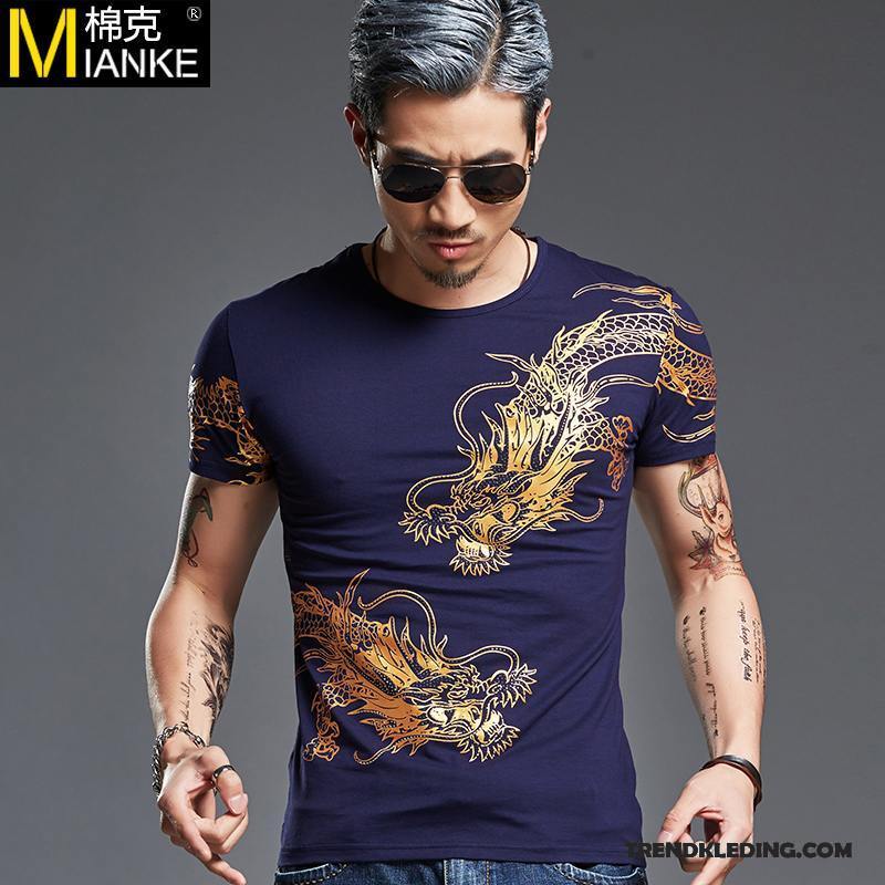 T-shirt Heren Katoen Korte Mouw Zomer Chinese Stijl Slim Fit Grote Maten Zwart