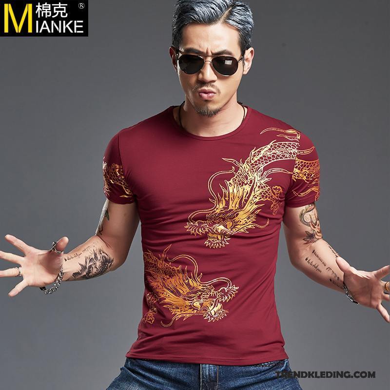 T-shirt Heren Katoen Korte Mouw Zomer Chinese Stijl Slim Fit Grote Maten Zwart