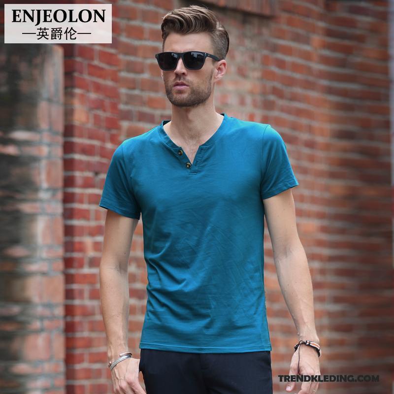 T-shirt Heren Korte Mouw Slim Fit Zomer Mannelijk Trend Jasje Effen Kleur Blauw