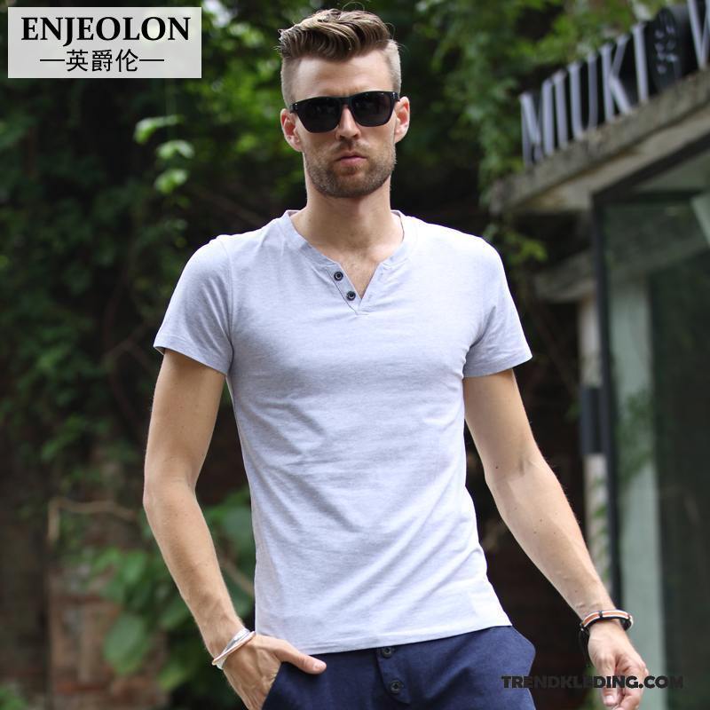 T-shirt Heren Korte Mouw Slim Fit Zomer Mannelijk Trend Jasje Effen Kleur Blauw