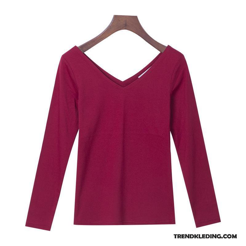 T-shirt Lange Mouw Dames Eenvoudige Elegante Skinny Lange Mouwen Jasje Klassieke Roze Rood Wit