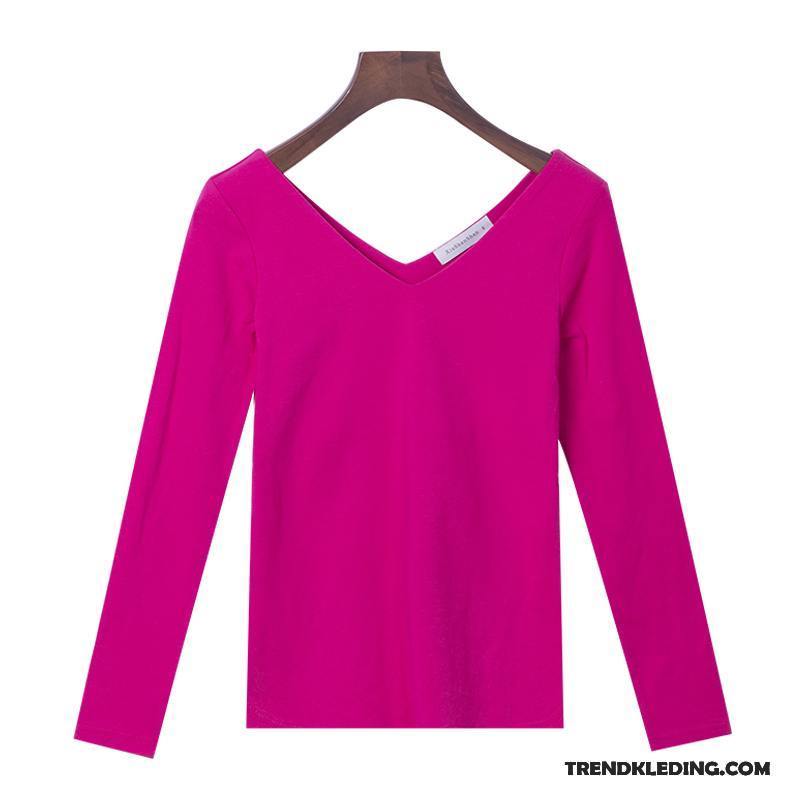 T-shirt Lange Mouw Dames Eenvoudige Elegante Skinny Lange Mouwen Jasje Klassieke Roze Rood Wit