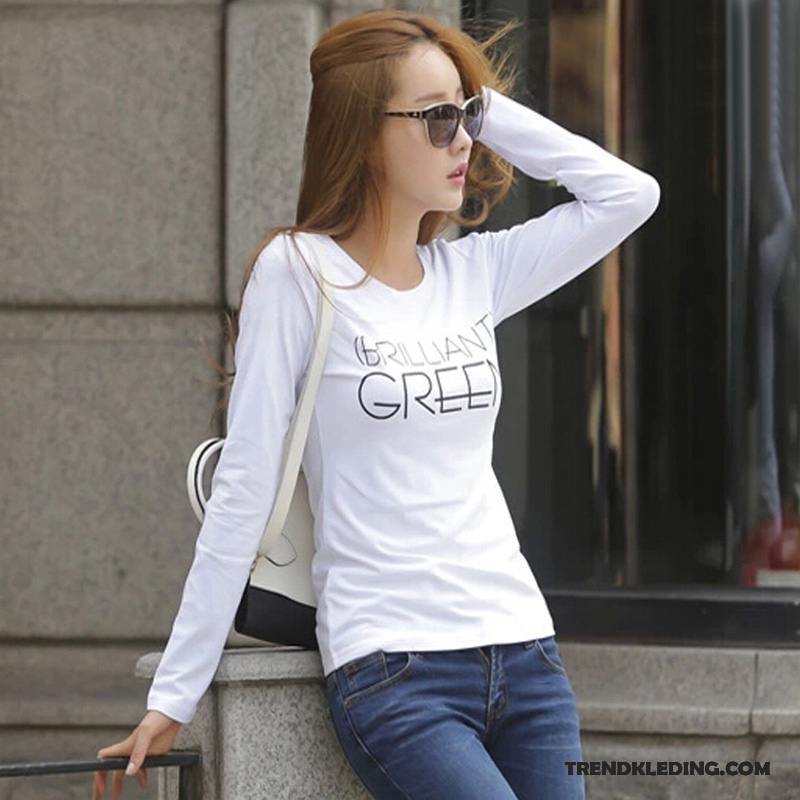 T-shirt Lange Mouw Dames Letter Lange Mouwen Dunne Slim Fit Nieuw Katoen Wit Zwart