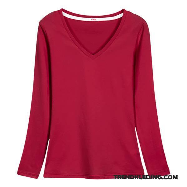 T-shirt Lange Mouw Dames Onderhemd 2018 Katoen Bovenkleding Nieuw Winter Roze Rood Effen Kleur Wit