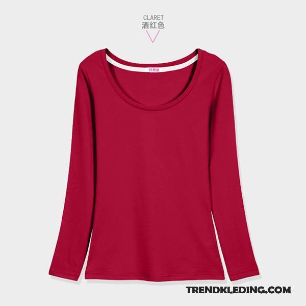 T-shirt Lange Mouw Dames Onderhemd 2018 Katoen Bovenkleding Nieuw Winter Roze Rood Effen Kleur Wit