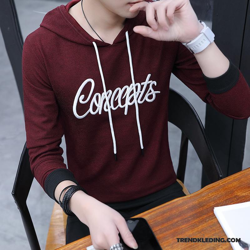 T-shirt Lange Mouw Heren 2018 Nieuw Hoodie Slim Fit Herfst Trend Rode Wijn