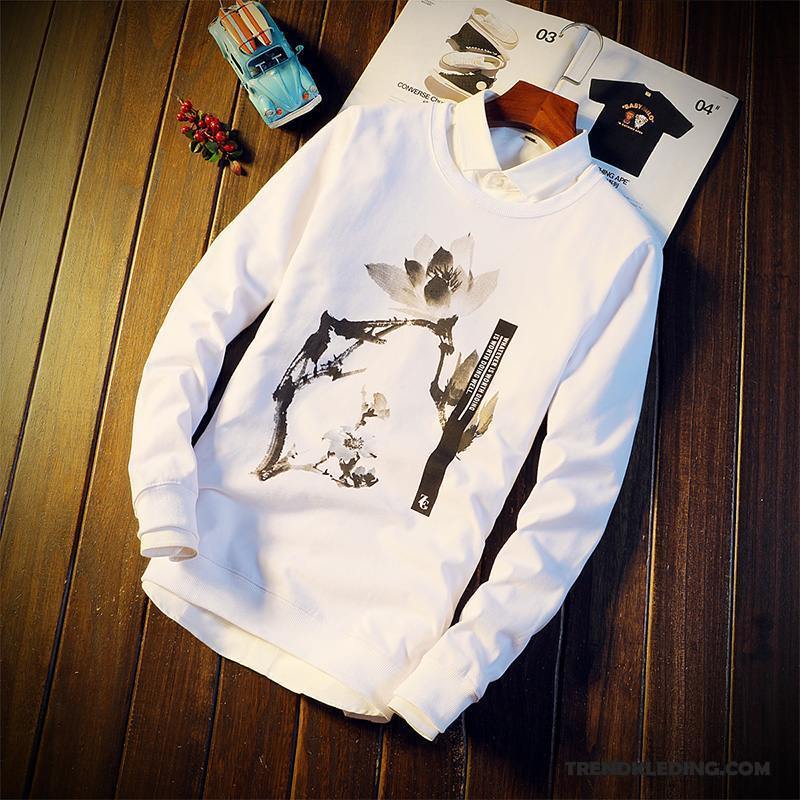 T-shirt Lange Mouw Heren Bovenkleding Jasje Lange Mouwen Bedrukken Slim Fit Pullover Wit