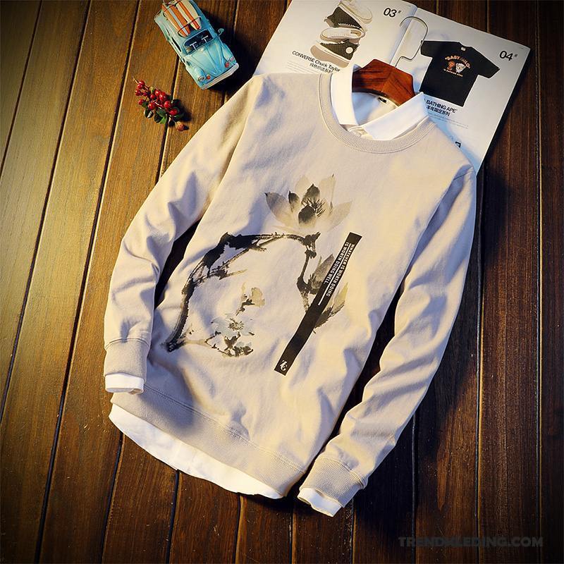 T-shirt Lange Mouw Heren Bovenkleding Jasje Lange Mouwen Bedrukken Slim Fit Pullover Wit