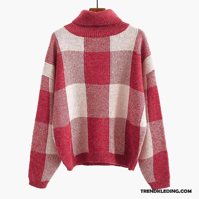 Trui Dames Dikke Geruit Losse Pullover Student Herfst Rood