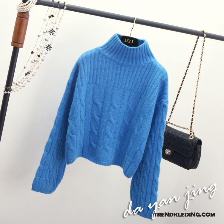 Trui Dames Gebreid Hemd Hoge Kraag Losse Pullover Herfst Winter Blauw Grijs