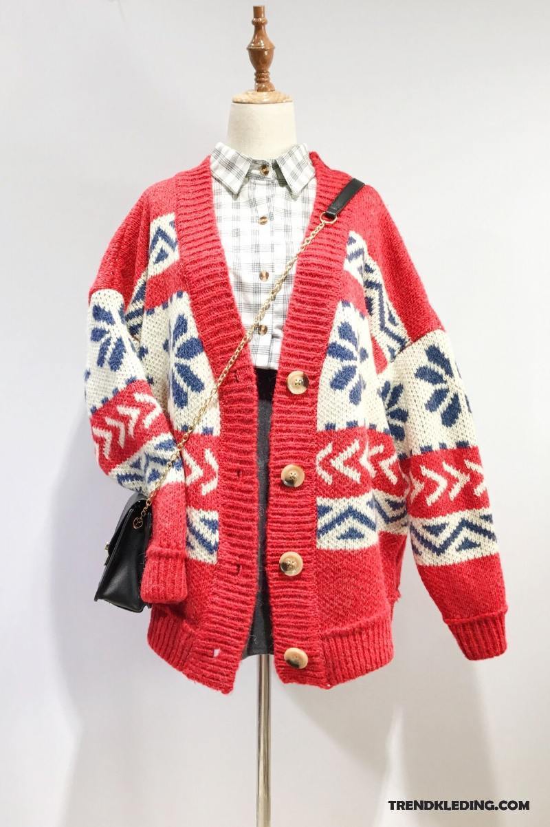 Trui Dames Vintage Losse Voorjaar Cardigan Bloemen Nieuw Rood