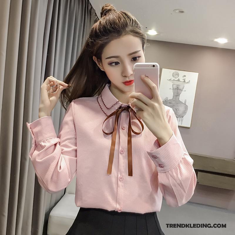 Blouse Dames Casual Losse Chiffon Lange Mouwen Blouse Overhemd Nieuw Roze Rood Effen Kleur