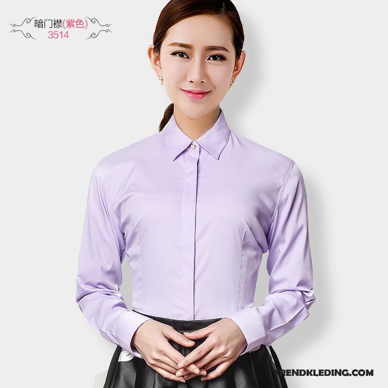Blouse Dames Casual Onderhemd Werkkleding Lange Mouwen Vrouw Slim Fit Paars Wit
