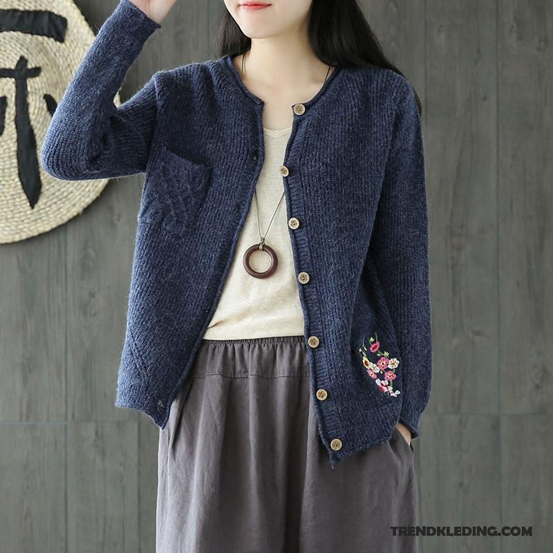 Gebreid Vest Dames Handgemaakte Nieuw Winter Cardigan Geborduurde Jasje Blauw Goedkoop Gebreid Vest Dames Handgemaakte Nieuw Winter Cardigan Geborduurde Jasje Blauw