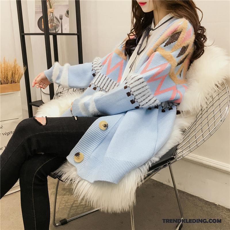 Gebreid Vest Dames Trui Lange Mouwen 2018 Trend Losse Cardigan Blauw