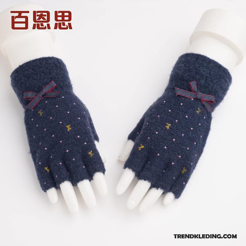 Handschoenen Dames Winter Student Halve Vinger Wollen Schattig Blijf Warm Donkerblauw