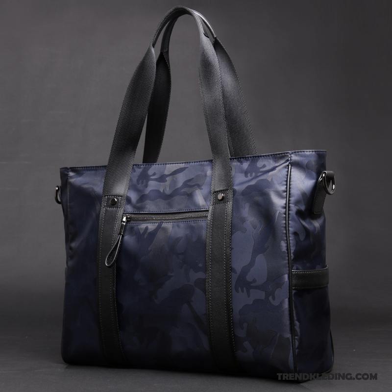 Handtas Heren Casual Schoudertas Echt Leer Trend Aktetas Doek Camouflage Blauw