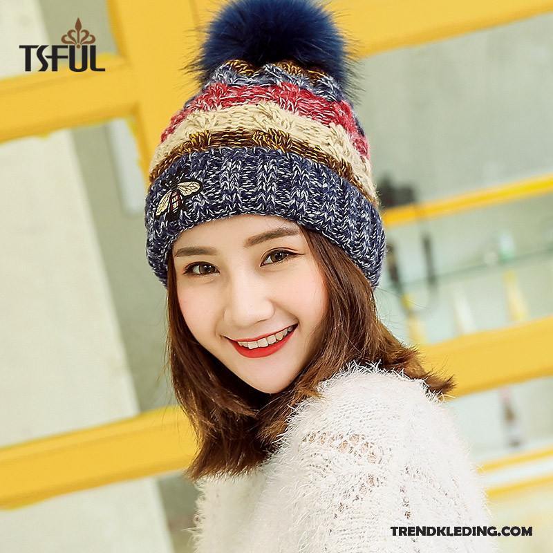 Hoed Dames Herfst Winter Breien Muts Trend Pompom Gehoorbescherming Kleur