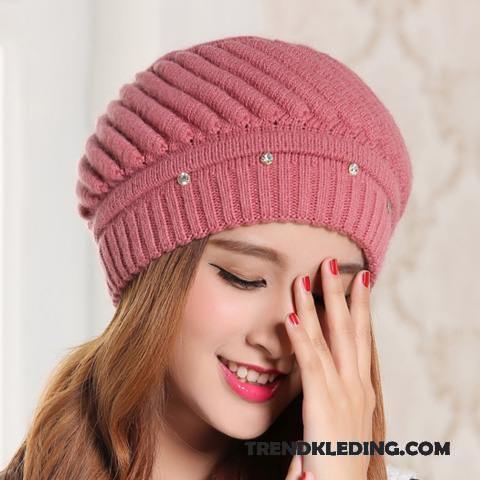 Hoed Dames Konijnenbont Wollen Muts Winter Gehoorbescherming Verdikken Pullover Roze