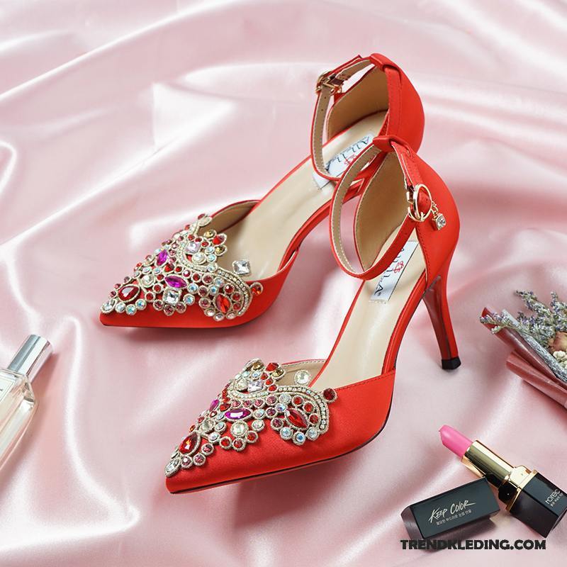 Hoge Hakken Dames Schoenen Dunne Trouwschoenen Kristal Met Strass Voorjaar Rood