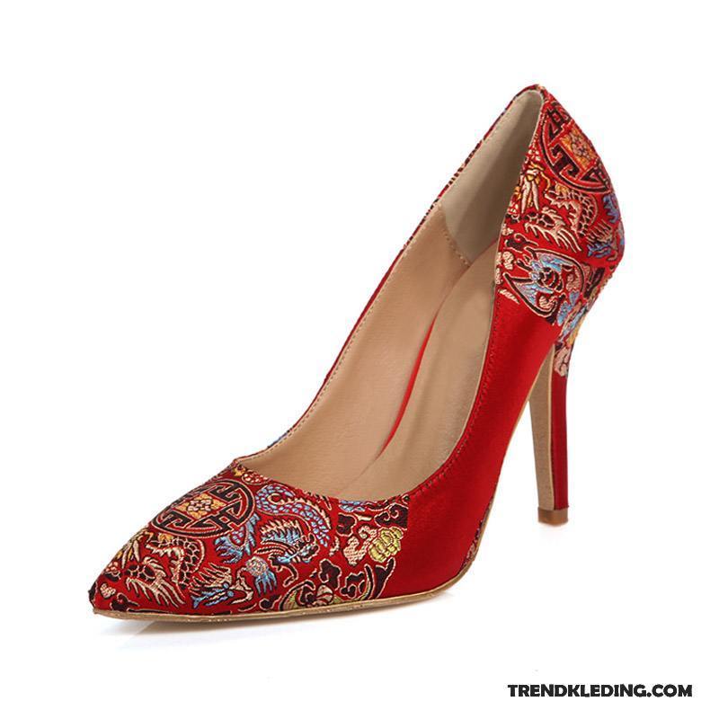 Hoge Hakken Dames Vrouwen Trouwschoenen Pumps Bruiloft Grote Maten Geborduurde Rood