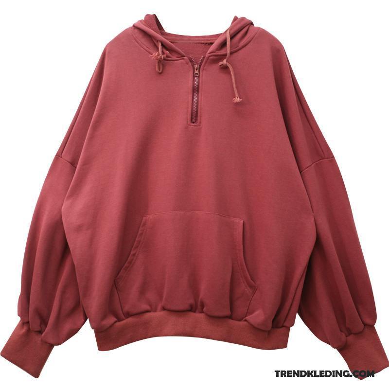 Hoodie Dames Eenvoudige Lang Pullover Vleermuizen Rits Mouw Effen Kleur Rood Donker