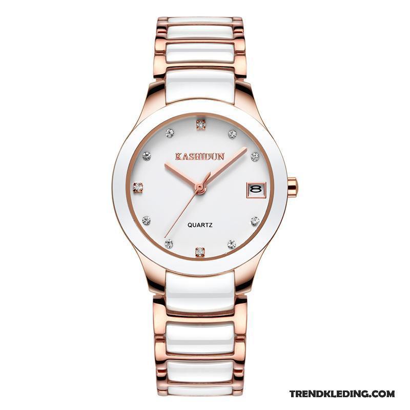 Horloge Dames Trend Waterdicht Strass Quartz Horloge Roestvrij Staal Keramiek Roze Wit Goud