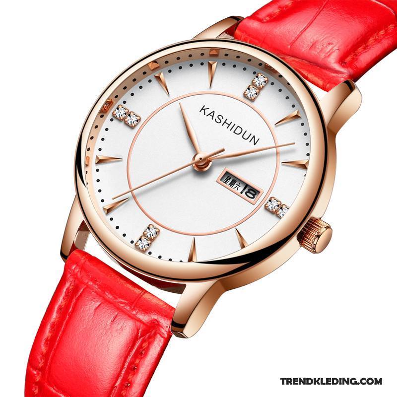 Horloge Dames Waterdicht Dubbele Kalender Riem Trend Student Casual Roze Rood Wit Gouden