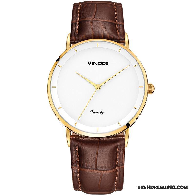 Horloge Heren Casual Horlogeband Riem Dun Quartz Horloge Mode Wit Bruine Goud