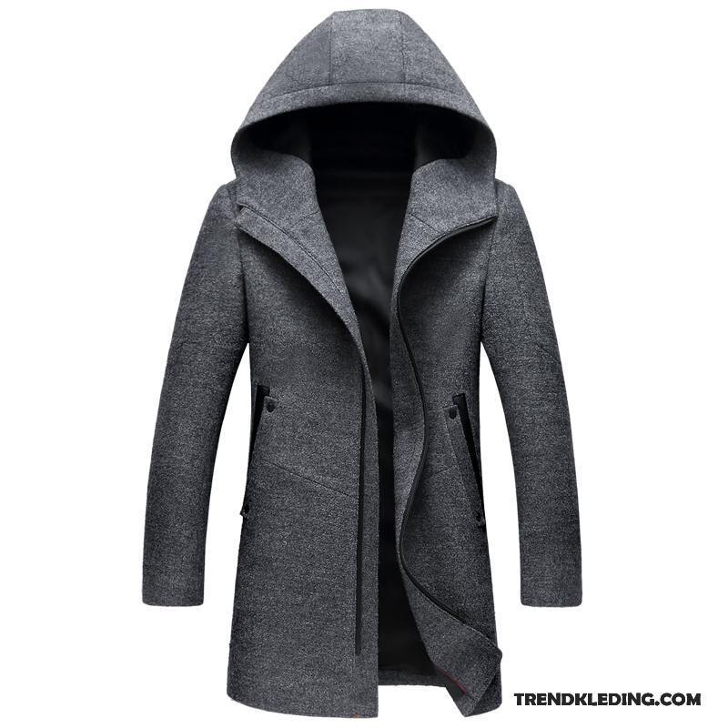 Mantel Heren Jas Trenchcoat Wollen Doek Lang Hoodie Overjas Grijs