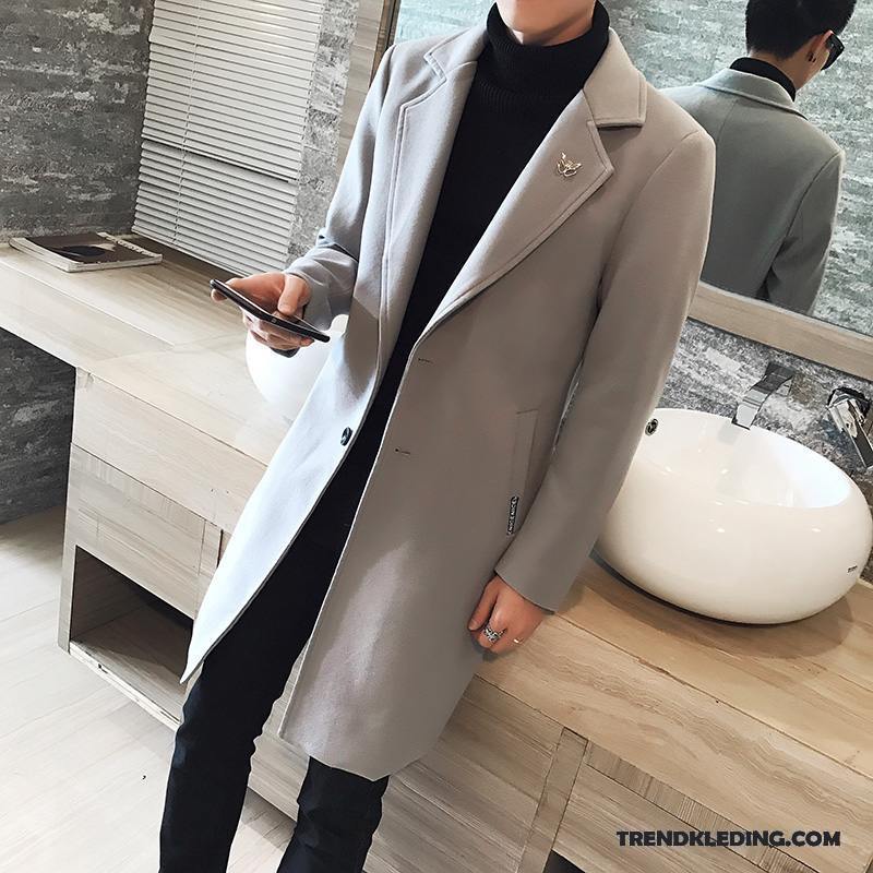 Mantel Heren Overjas Slim Fit Wollen Doek Trenchcoat Lang Jas Wol Grijs