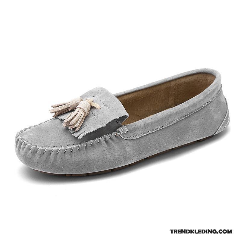 Mocassins Dames Schoenen Zomer Vrouwen Kwastjes Echt Leer Slip On Grijs Licht