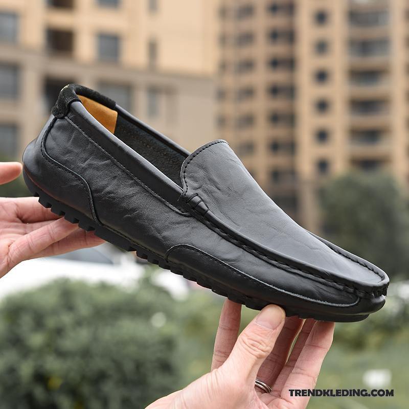 Mocassins Heren Leren Schoenen Bootschoenen Casual Echt Leer Brits Slip On Zwart