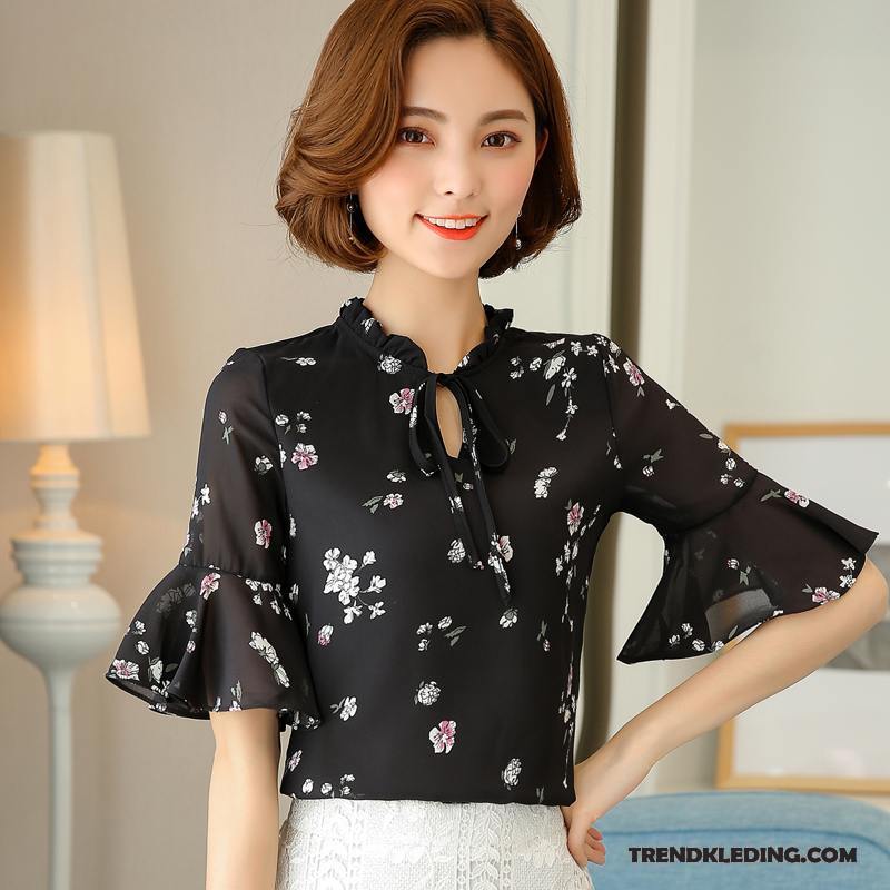 Overhemd Korte Mouw Dames Blouse Overhemd Bloemen Elegante Losse Super Zomer Zwart