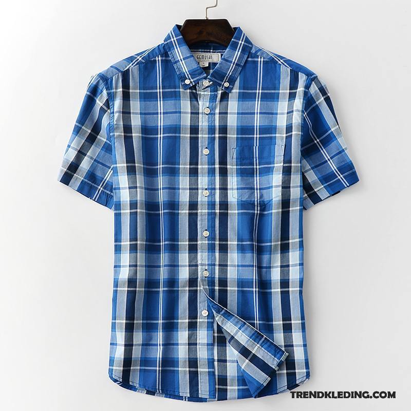 Overhemd Korte Mouw Heren Katoen Overhemd Kort Mouw Casual Eenvoudige Comfortabele Geruit Blauw