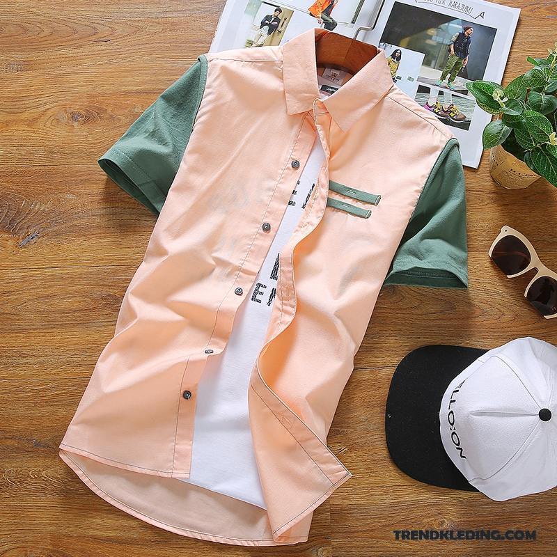 Overhemd Korte Mouw Heren Zomer Slim Fit Mannelijk Overhemd Kort Mouw Student Trend Roze Wit
